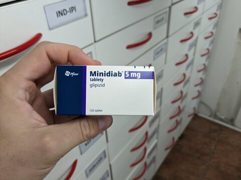 Prague,Czech Republic-October 9 2024:MINIDIAB by PFIZER, containing GLIPIZIDE is an oral diabetes medication used to control blood sugar levels in patients with type 2 diabetes by stimulating insulin