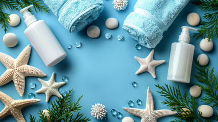 Soft towels and bottles surround decorative seashells and starfish, creating a tranquil spa setting. The calming blue background enhances the relaxing atmosphere of this wellness space. Copy space