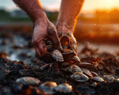 Clam digging on a sandy beach, rustic and practical, Coastal, Cool tones, Photograph, Seaside activity