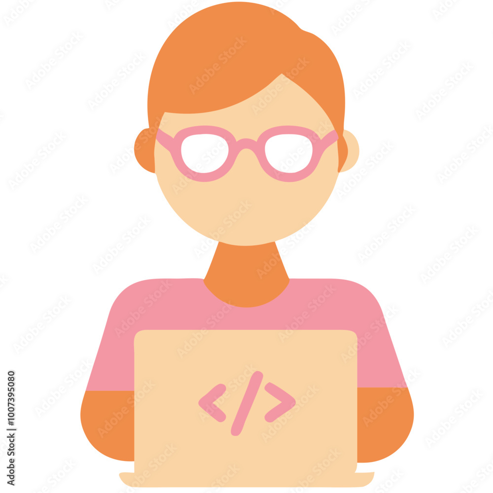 Poster female programmer vector illustration with laptop and glasses coding design