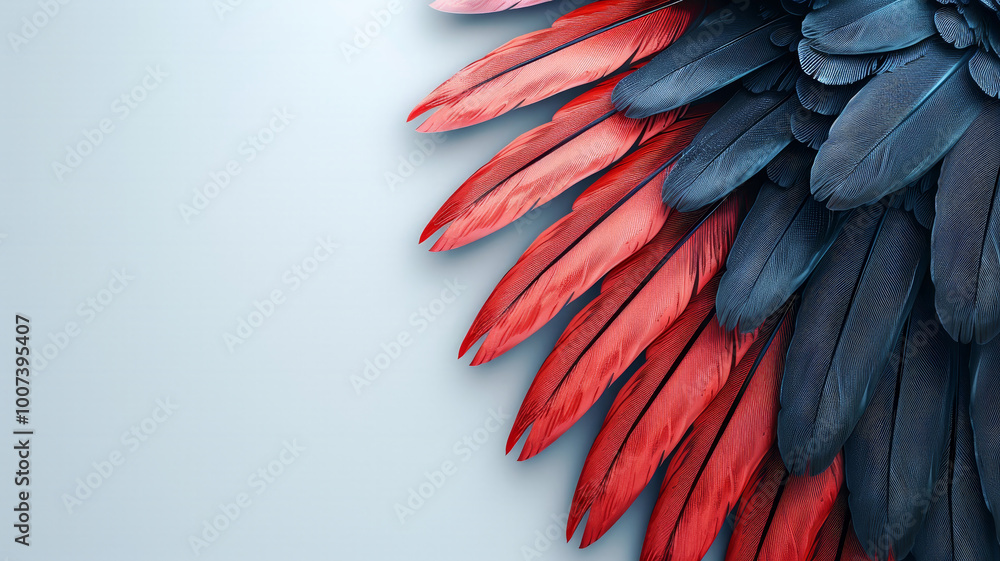 Poster the close-up view highlights a striking blend of red and blue feathers arranged fan-like against a s