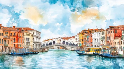 Obraz premium Watercolor painting of the Rialto Bridge in Venice, Italy.