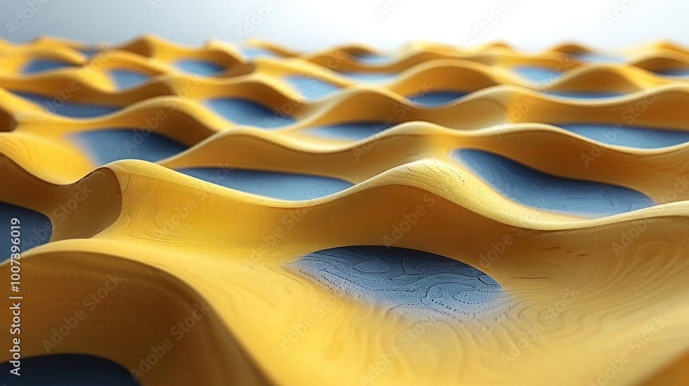 Poster curved wooden surfaces create a flowing, wave-like pattern, illuminated by soft overhead light. the 