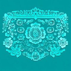  Turquoise Papel Picado vector template design featuring intricate flowers and geometric shapes, perfect for Mexican celebrations and festive decor.