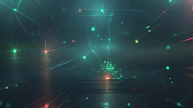 Seamless transition of abstract network to futuristic hallway for technology, data, and sci-fi themed videos