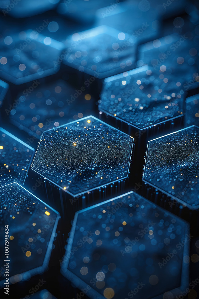 Poster the intricate hexagonal design displays a rich texture illuminated by blue and black tones, creating