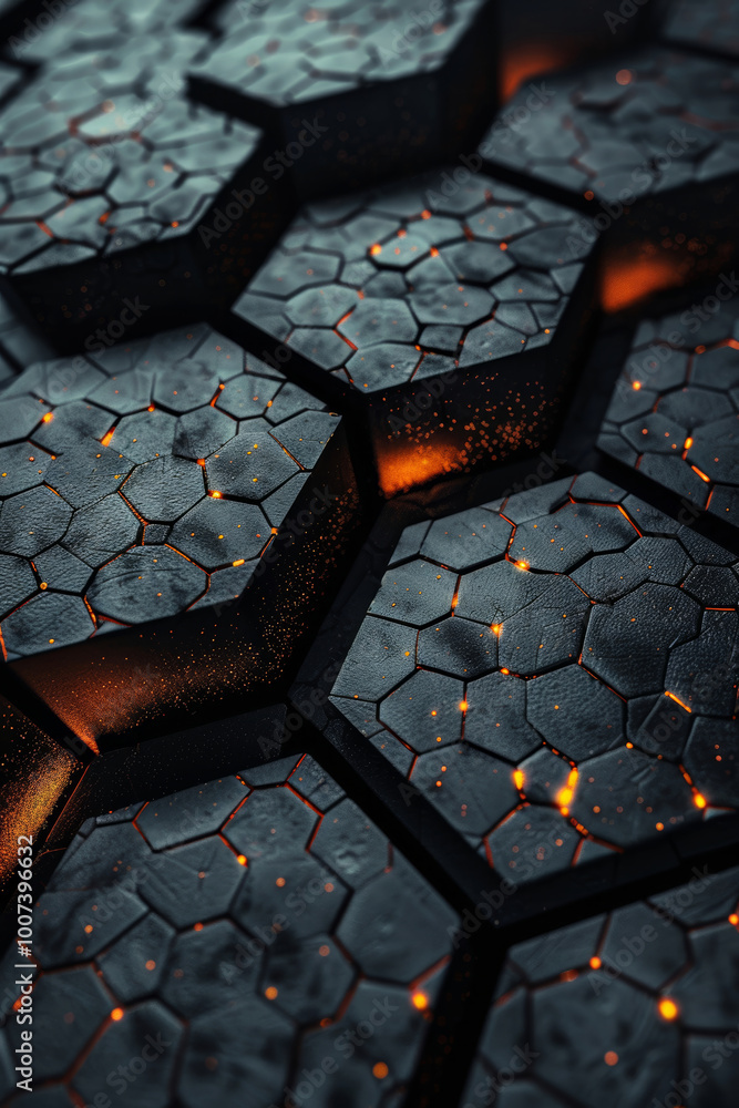 Poster a detailed view of hexagonal-patterned tiles showcases a dark, textured surface illuminated by glowi