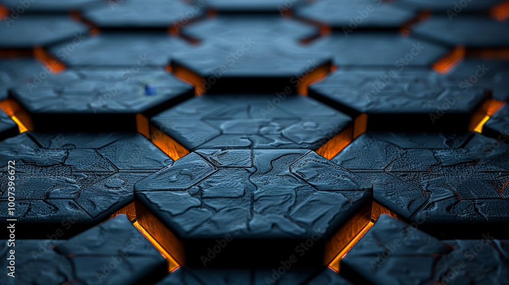 Poster an intricate arrangement of hexagonal tiles features glowing edges, casting warm light on the dark s