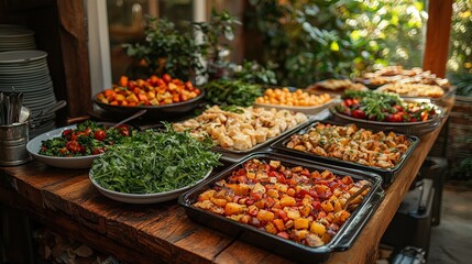 A buffet spread featuring various dishes, showcasing a vibrant assortment of food.