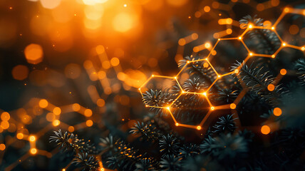 Molecular structures glow against a backdrop of dark forest foliage while warm orange sunlight filters through, creating a captivating interplay of nature and scientific imagery in the evening.
