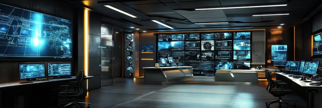 a large superhero HQ situation room, designed and filled with hi-tech surveillance technology