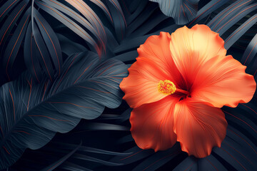 Obraz premium A bright orange hibiscus flower stands out against lush, dark tropical leaves, creating a striking contrast in a tranquil environment, showcasing the beauty of nature and floral diversity.