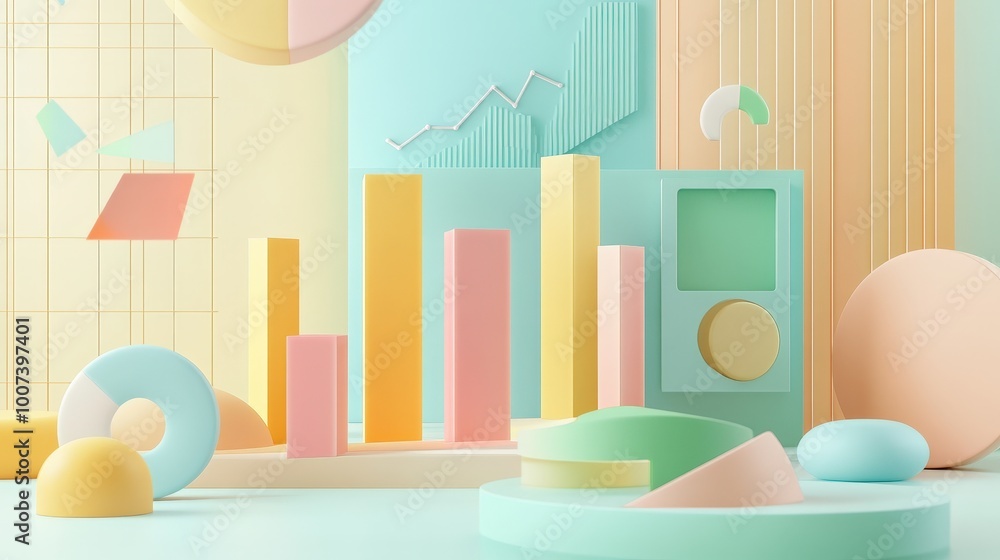 Poster modern business intelligence concept: 3d column chart financial analytics illustration in soft paste