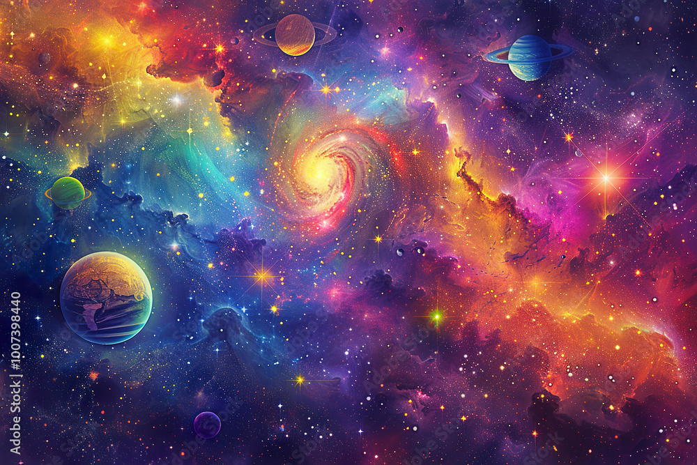 Wall mural a colorful space scene with a planet in the middle.,