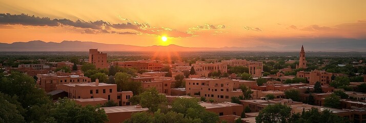 Obraz premium city of santa fe new mexico, traditional pueblo and spaniard architecture, skyline of city, sunset 