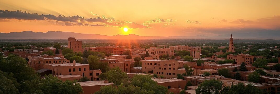city of santa fe new mexico, traditional pueblo and spaniard architecture, skyline of city, sunset 