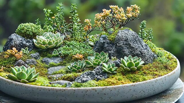 A succulent garden with moss, rocks and small trees planted in a white pot.