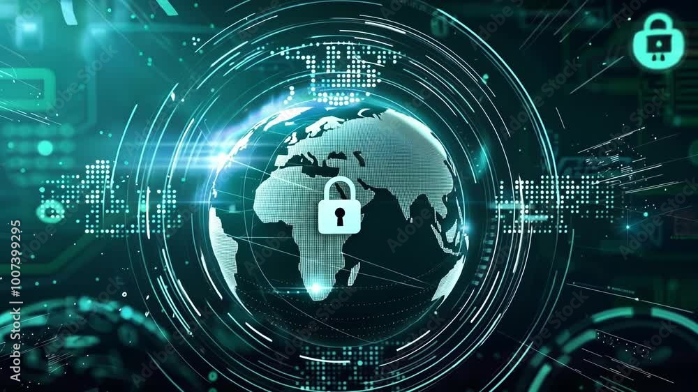 Poster digital globe is surrounded by futuristic rings and data, representing a global network security sys