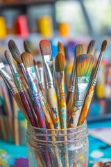 Fototapeta premium On a table, there are paintbrushes and utensils used to paint