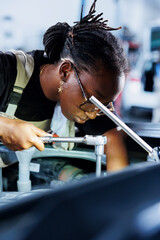 BIPOC technician does client car maintenance in auto repair shop using lamp light after vehicle...