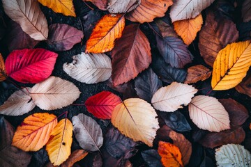 Fototapeta premium In autumn, fallen red and yellow leaves cover the ground