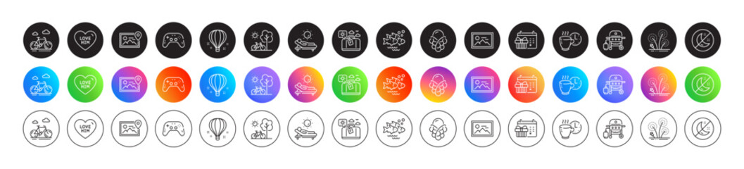 Fish school, Fireworks and Gas grill line icons. Round icon gradient buttons. Pack of Bike, Air balloon, Ice cream icon. Travel luggage, Christmas calendar, Photo location pictogram. Vector