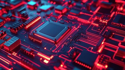 Obraz premium Circuit Board with Red Neon Lights
