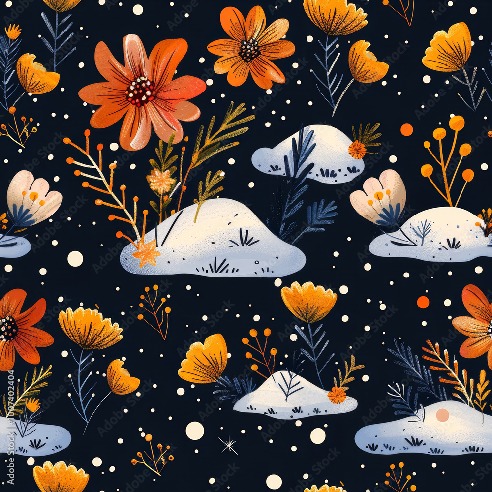 Poster this vibrant design showcases an array of flowers and abstract shapes against a deep background