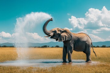 Obraz premium An elephant sprays dust on itself while in Amboseli National Park, Kenya