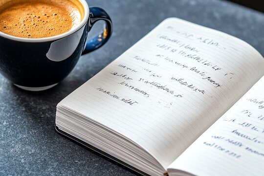 A journal open on a table, with handwritten reflections on yesterdayâ€™s events, capturing personal growth and lessons learned, alongside a cup of coffee.