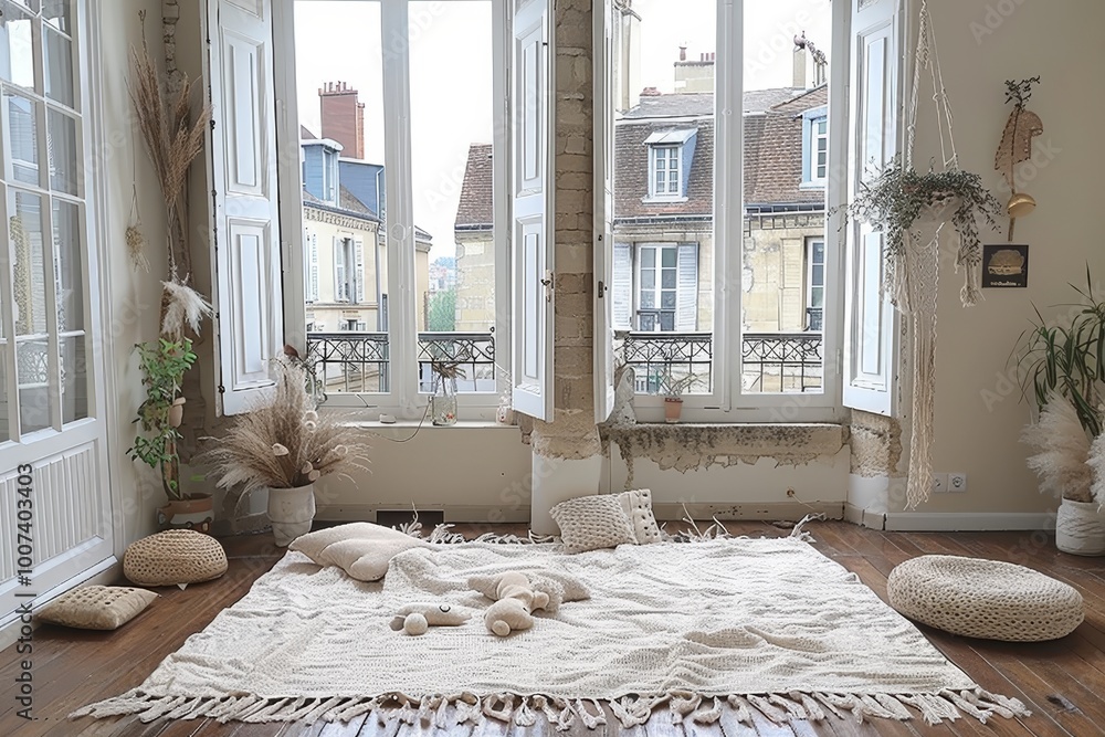 Poster a bright living room features large open windows with a view of parisian rooftops. the space is ador
