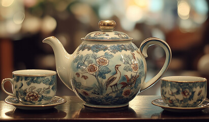 AI generator image of porcelain Pottery,animals tea set ,thailand inspired porcelain crockery. thailand designs. Hand made ceramic pottery. Hand painted pottery. Traditional pottery fair. 