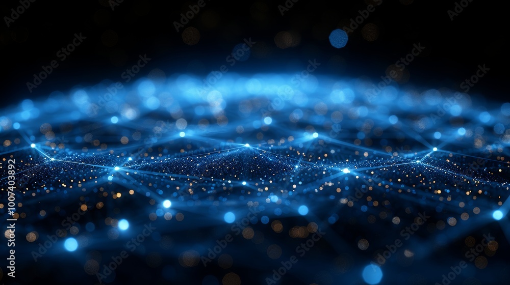 Poster a dynamic network of glowing blue and gold connections spans across a dark background, creating an i