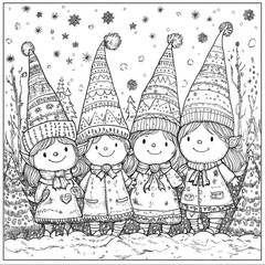 Christmas Elves, Colouring in Page