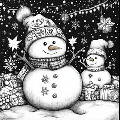Christmas Snowman, Colouring in Page
