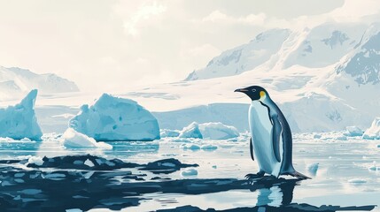 Playful Penguin in Antarctica - Wildlife Illustration with Icebergs and Soft Pastel Colors