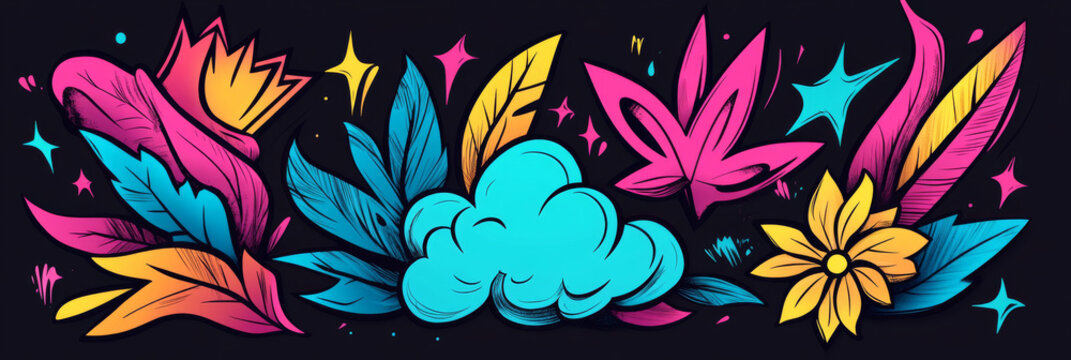 Brightly colored illustration of flowers, leaves, and stars on a black background.