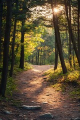 Obraz premium Sun rays shining through forest trees on a woodland path. Tranquil forest landscape, nature scene, travel, hiking, adventure