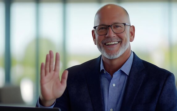 A cheerful man in glasses waves goodbye while smiling in a modern office setting, radiating positivity and professionalism.