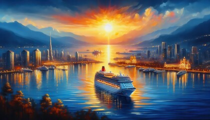 Naklejka premium A vibrant sunset over a city skyline with a cruise ship on serene waters.