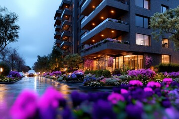 A contemporary multi-story building features vivid flower gardens illuminated at night, showcasing a striking contrast of architectural design and nature's beauty.