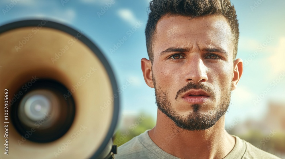 Poster a man with a beard and a microphone in front of him