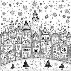 Fototapeta premium Christmas Scene, Colouring in Page 