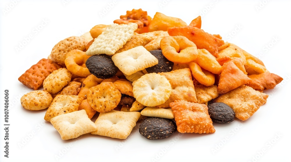 Poster a colorful assortment of various snack crackers arranged on a bright background in a casual display 