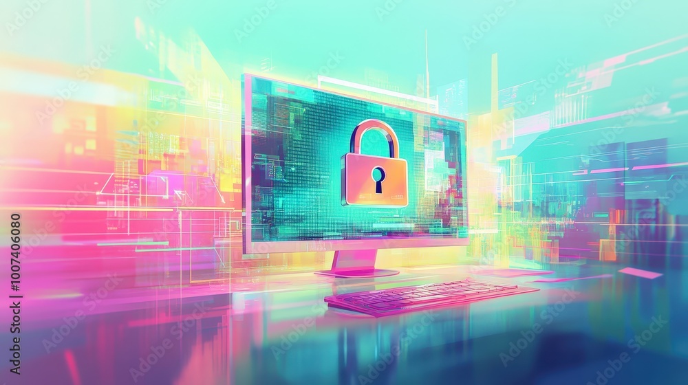 Poster digital security: illustration of cybersecurity with padlock icon on computer screen in pastel color