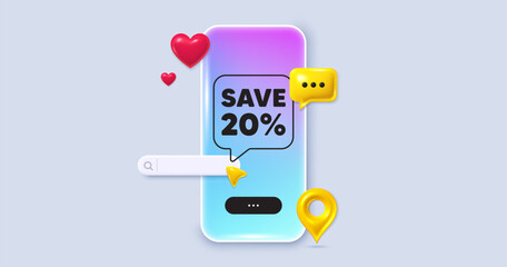 Social media phone app. Save 20 percent off tag. Sale Discount offer price sign. Special offer symbol. Social media search bar, like, chat 3d icons. Discount message. Vector