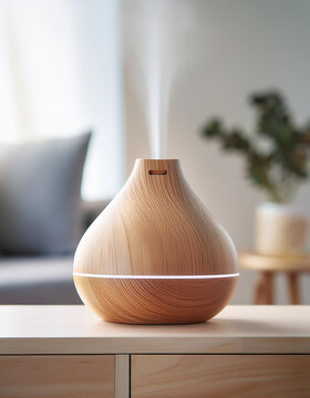 Elegant wooden electric aroma diffuser emitting soothing fragrance , home decor, relaxation, spa, aromatherapy
