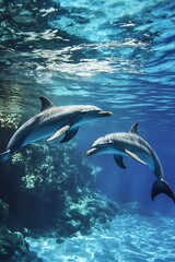 Two playful dolphins swimming underwater in the ocean