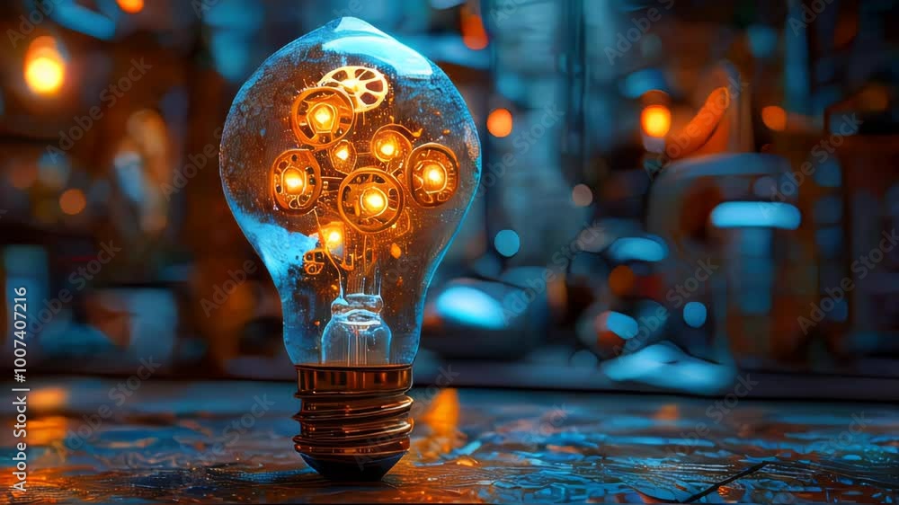 Poster lightbulb with moving gears as a symbol of an idea on dark background