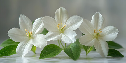 a group of white flowers with green leaves

